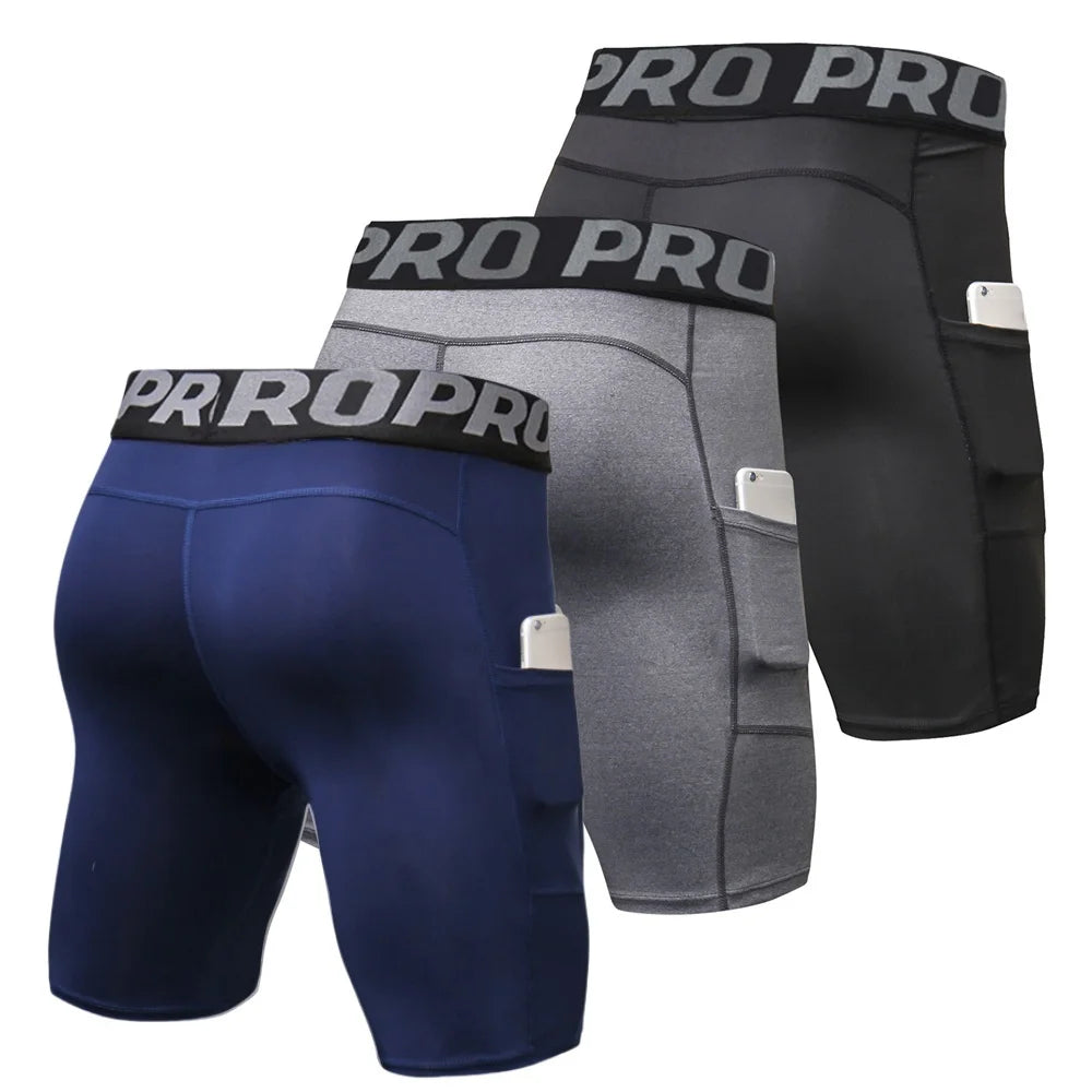 Men'S Compression Shorts Running Gym Yoga Athletic Workout Underwear with Pocket 3 Pack Size XL