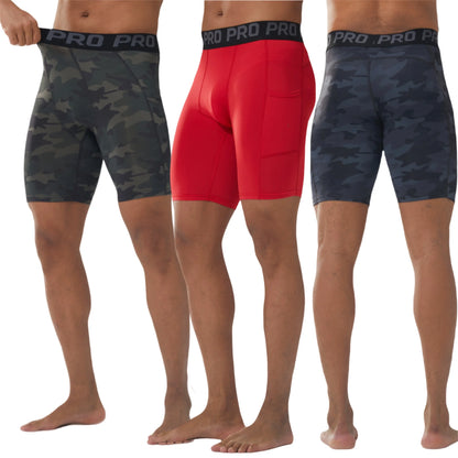 Men'S Compression Shorts Running Gym Yoga Athletic Workout Underwear with Pocket 3 Pack Size XL