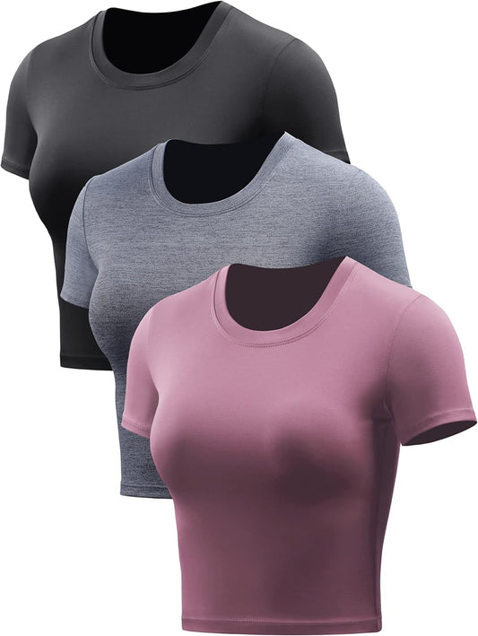 Women'S Dry Fit Crop Top Yoga Short Sleeve Shirts Crew Neck Athletic Running Tee 3 Pieces
