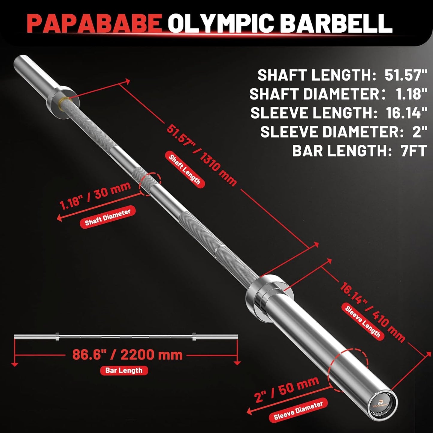 Olympic Barbell, 2-Inch 45Lb 7Ft/35Lb 6.5Ft Weight Bar for Strength Training. 1000Lb plus Capacity, Chrome/Zinc Plating, Knurled Grip for Bench Press Deadlift Squat
